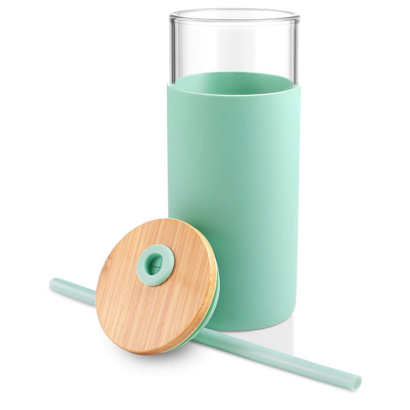 Tronco 20 oz Glass Tumbler with Lid and Straw, Iced Coffee Cup and Smoothie Cup with Bamboo Lids & Protective Silicone Sleeve, Dishwasher Safe, BPA-Free, Glass Cup 1 Pack - Image 2